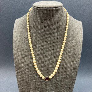 Kirks Folly Pearl Necklace Beige Gold Bezeled Magenta Rhinestone Spring Ring